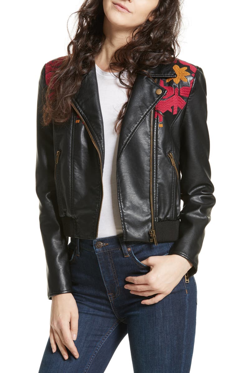 Free People Embroidered Faux Leather Moto Jacket, Main, color, 