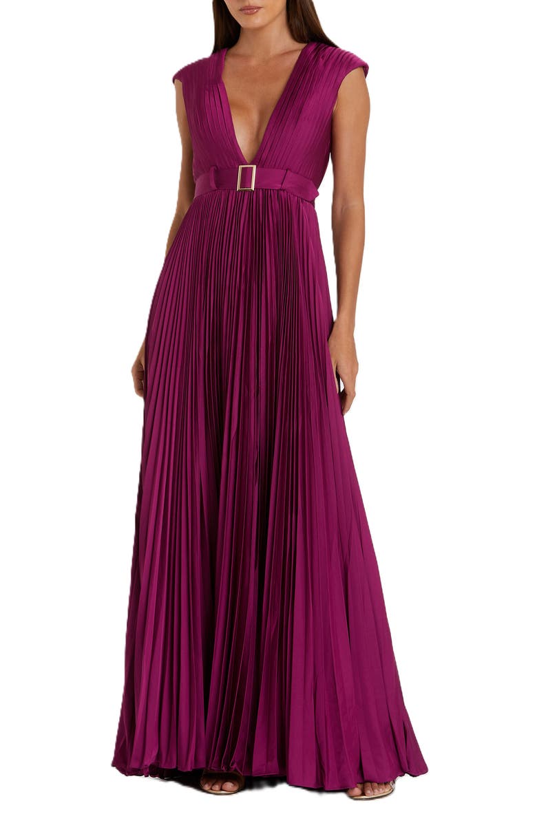 Mac Duggal Pleated Plunge Neck Belted Satin Gown, Main, color, Raspberry