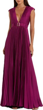 Mac Duggal Pleated Plunge Neck Belted Satin Gown