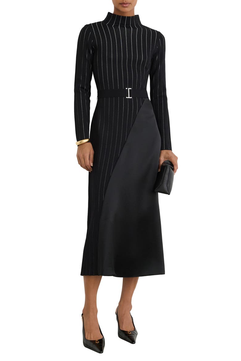 Mia Belted Mixed Media Long Sleeve Midi Dress, Main, color, BLACK