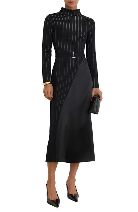 Mia Belted Mixed Media Long Sleeve Midi Dress