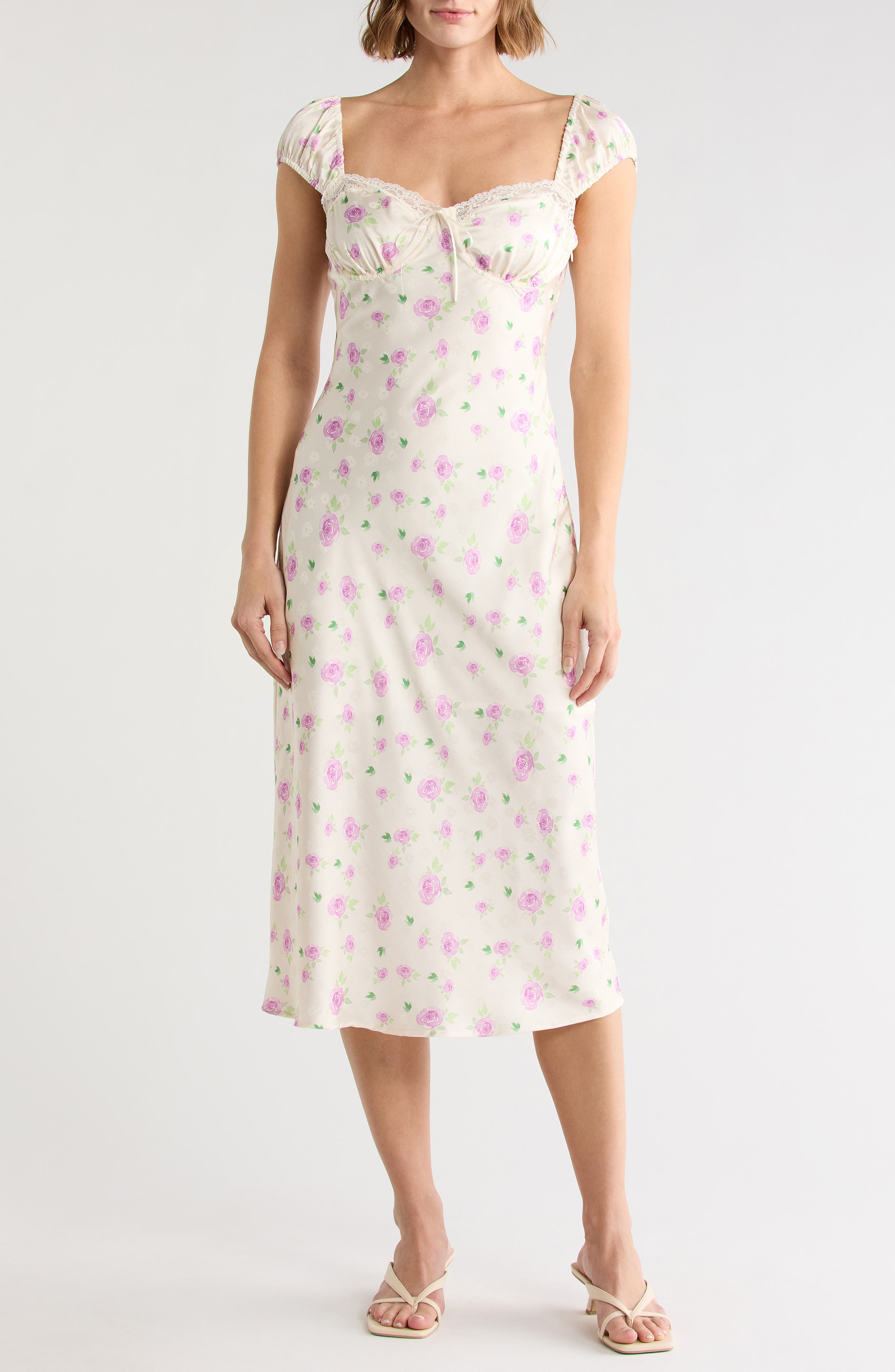 Floral Cap Sleeve Satin Midi Dress
