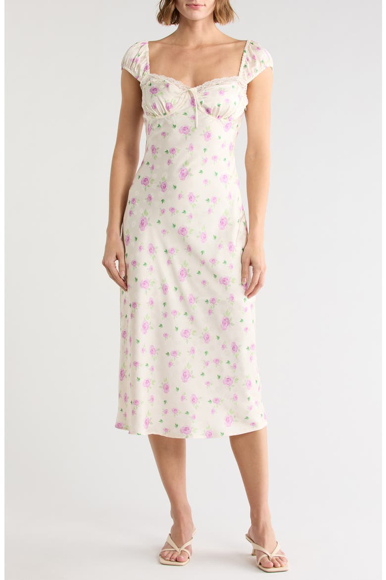 Floral Cap Sleeve Satin Midi Dress, Main, color, CREAM LILAC