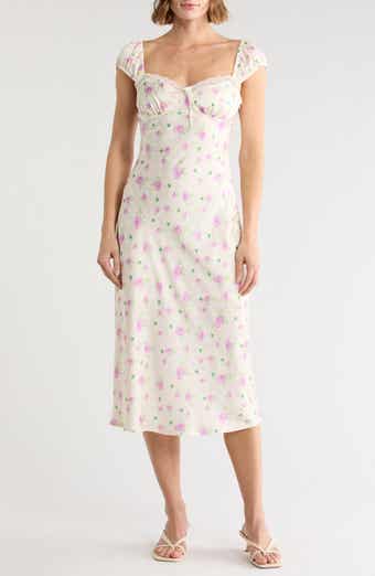 Floral Cap Sleeve Satin Midi Dress