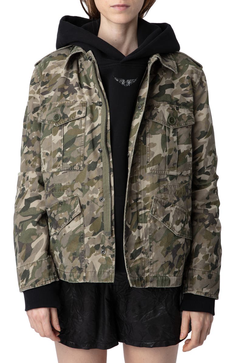 Zadig & Voltaire Krisa Cotton Canvas Camo Jacket, Main, color, 