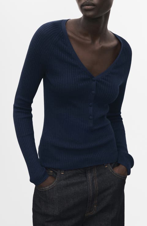 V-Neck Ribbed Henley Sweater
