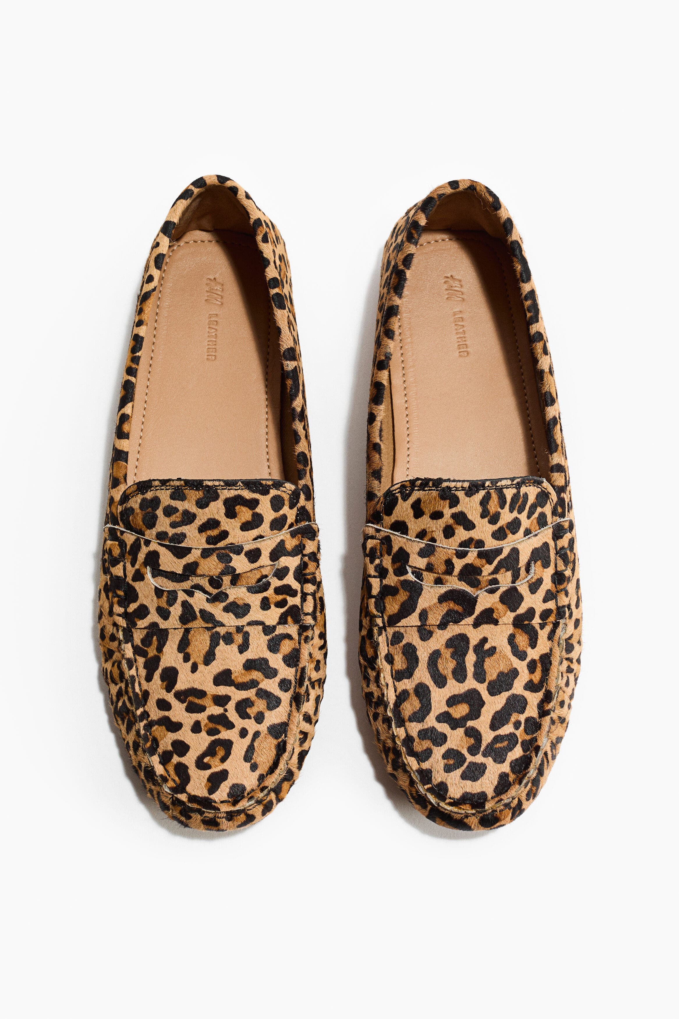 H&M Leather Loafers, Main, color, Beige/Faux Leopard
