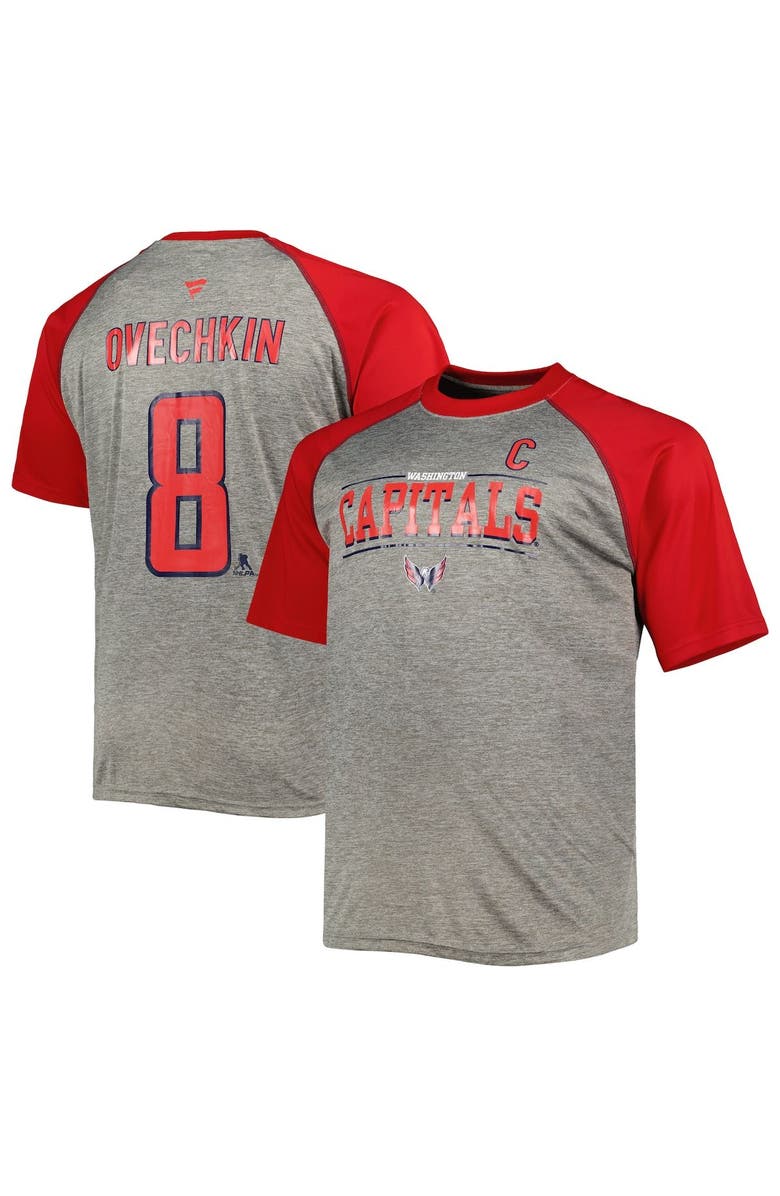 FANATICS Men's Fanatics Branded Alexander Ovechkin Heather Gray/Red Washington Capitals Big & Tall Captain Patch Contrast Raglan Name & Number T-Shirt, Main, color, Heather Gray