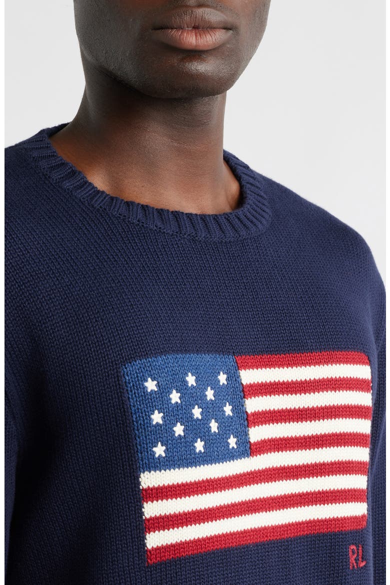 Intarsia Flag Cotton Crewneck Sweater, Alternate, color, BLUE
