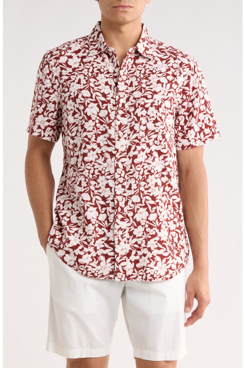 Short Sleeve Linen Blend Button-Up Shirt, Main, color, BURGUNDY LINEWORK FLORAL