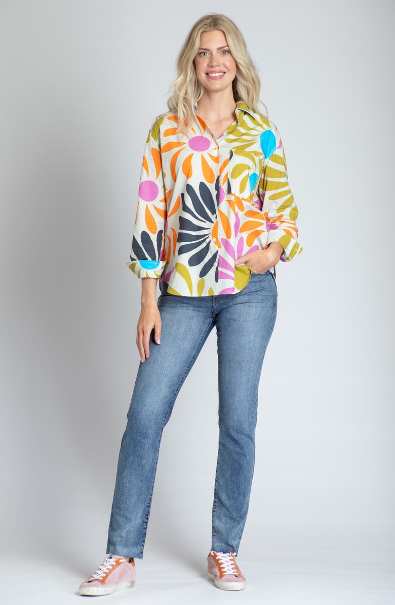 APNY Oversize Feather Print Button-Up Shirt, Alternate, color, White/ Orange Multi