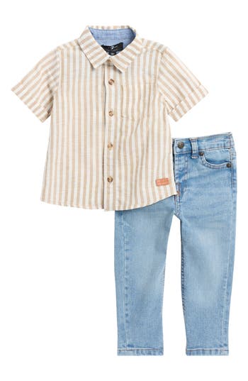 7 For All Mankind Short Sleeve Button-up Shirt & Jeans Set In Khaki