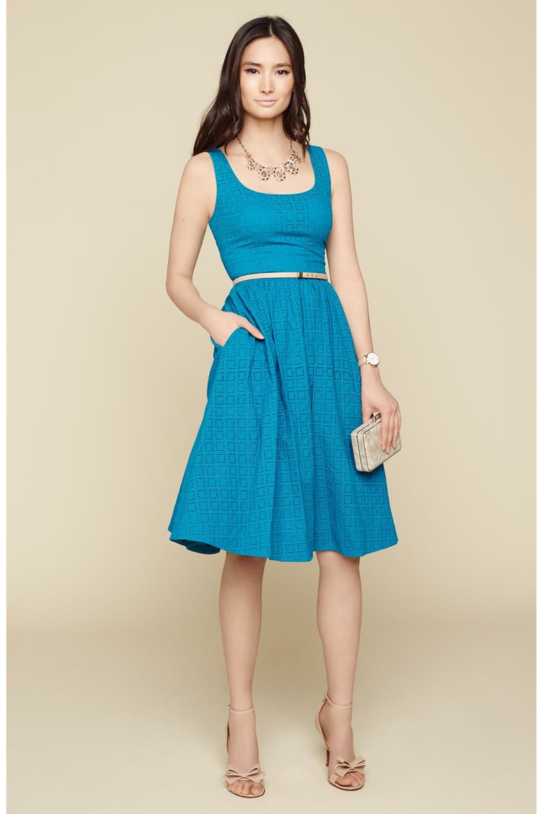 Belted Eyelet Lace Fit & Flare Dress, Alternate, color, TEAL