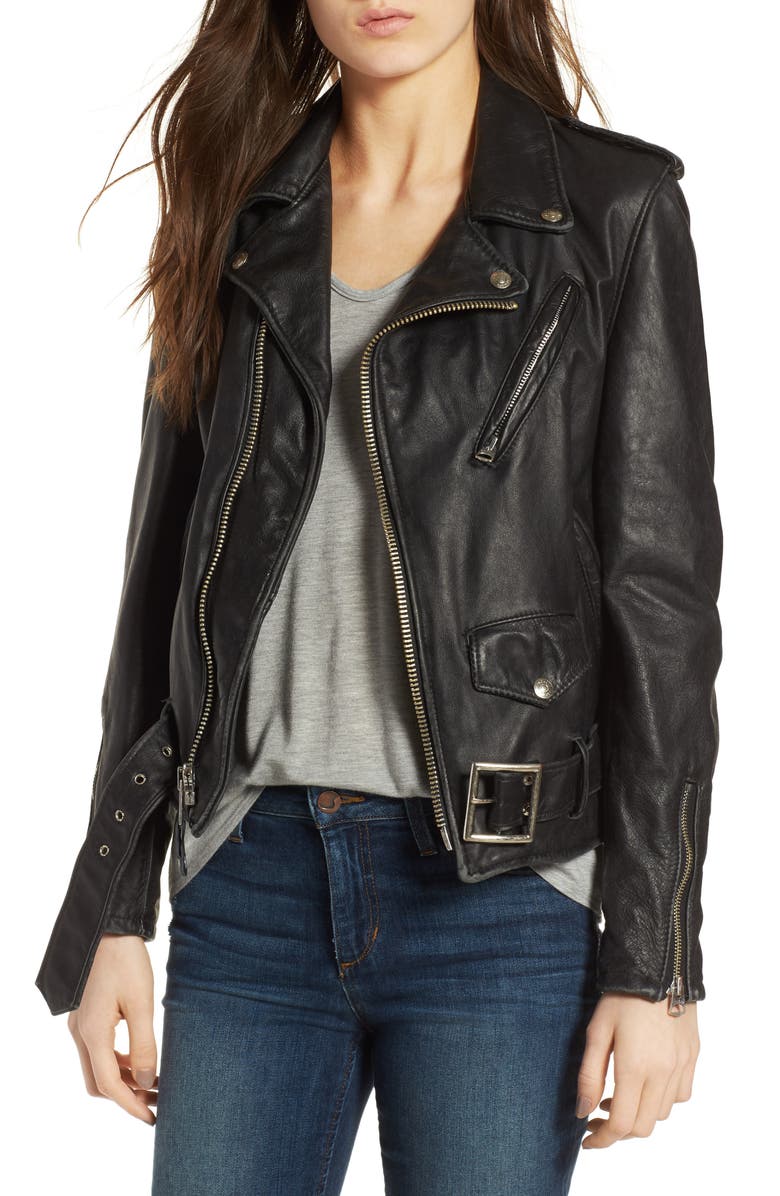 Schott NYC Boyfriend Leather Jacket, Main, color, Black