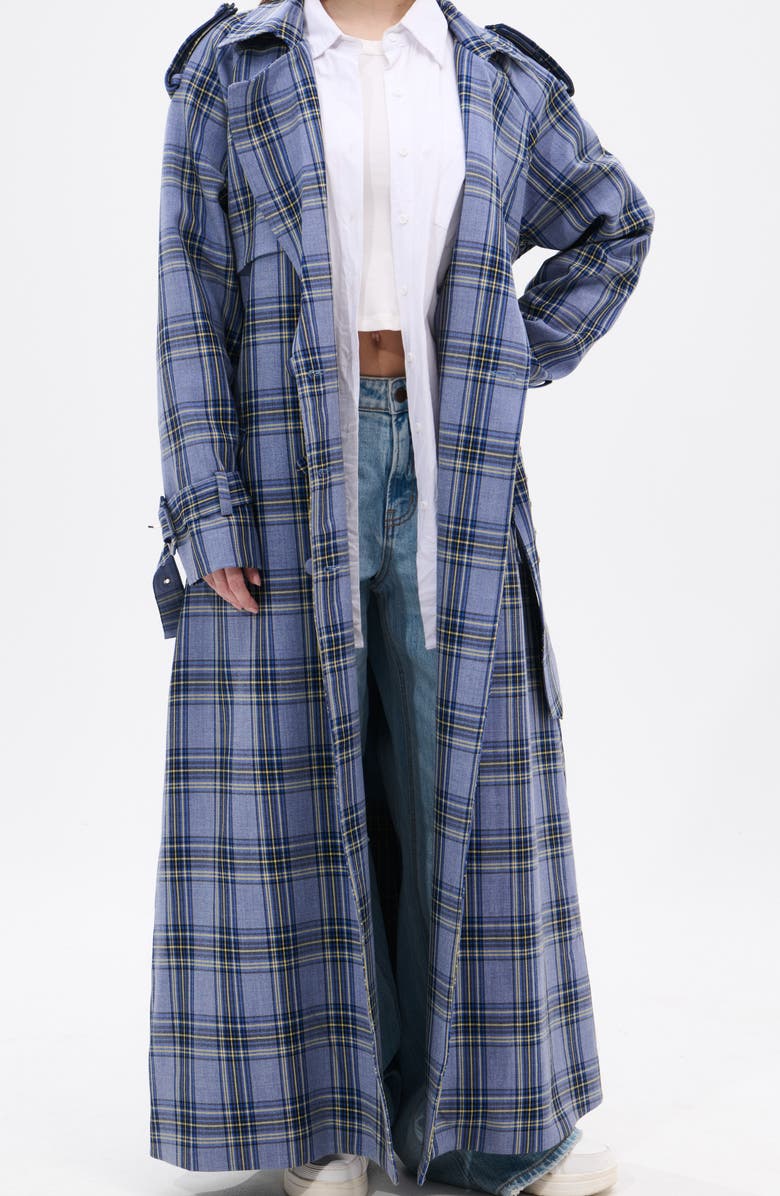 AZALEA WANG Long Plaid Trench Coat, Alternate, color, Blue Multi