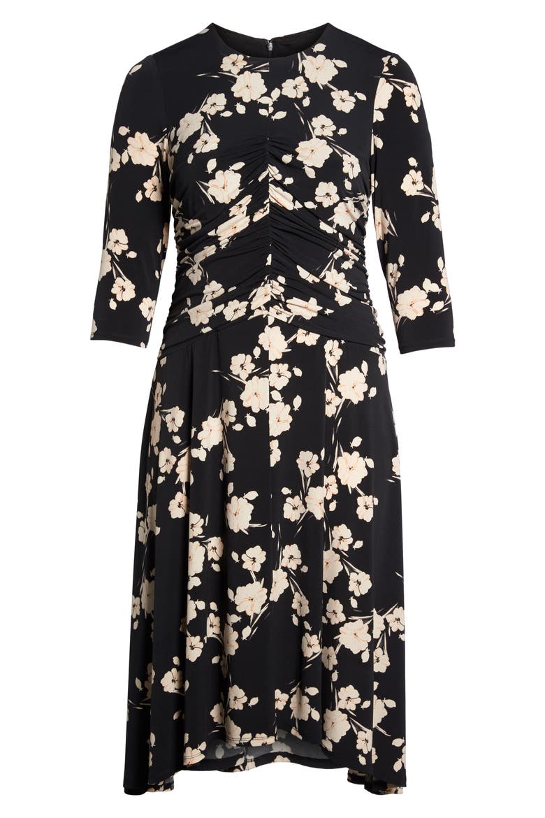 Ruched Floral Midi Dress, Alternate, color, BLACK/ CORAL