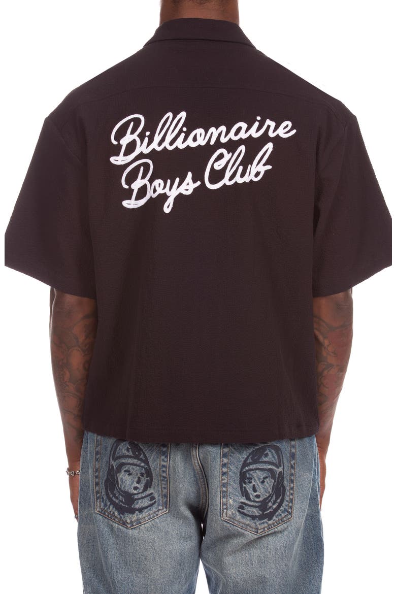 BB Script Embroidered Cotton Seersucker Camp Shirt, Alternate, color, BLACK