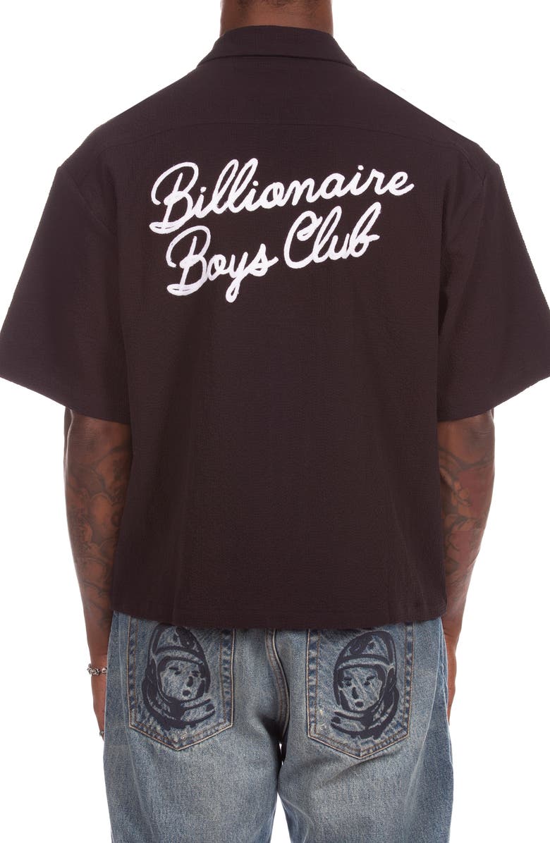 Billionaire Boys Club BB Script Embroidered Cotton Seersucker Camp Shirt, Alternate, color, Black