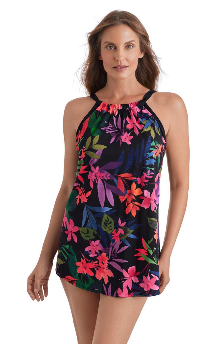 ShapeSolver Halter Swim Dress, Main, color, Pretty Garden