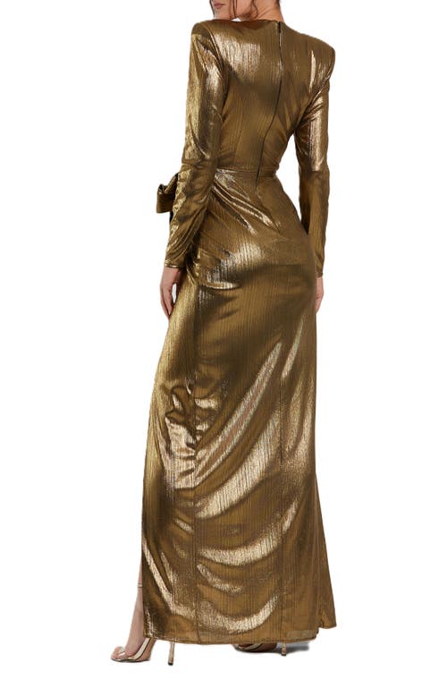 Mac Duggal Metallic Jersey Long Sleeve Bow Detail Thigh High Slit Gown In Antique Gold