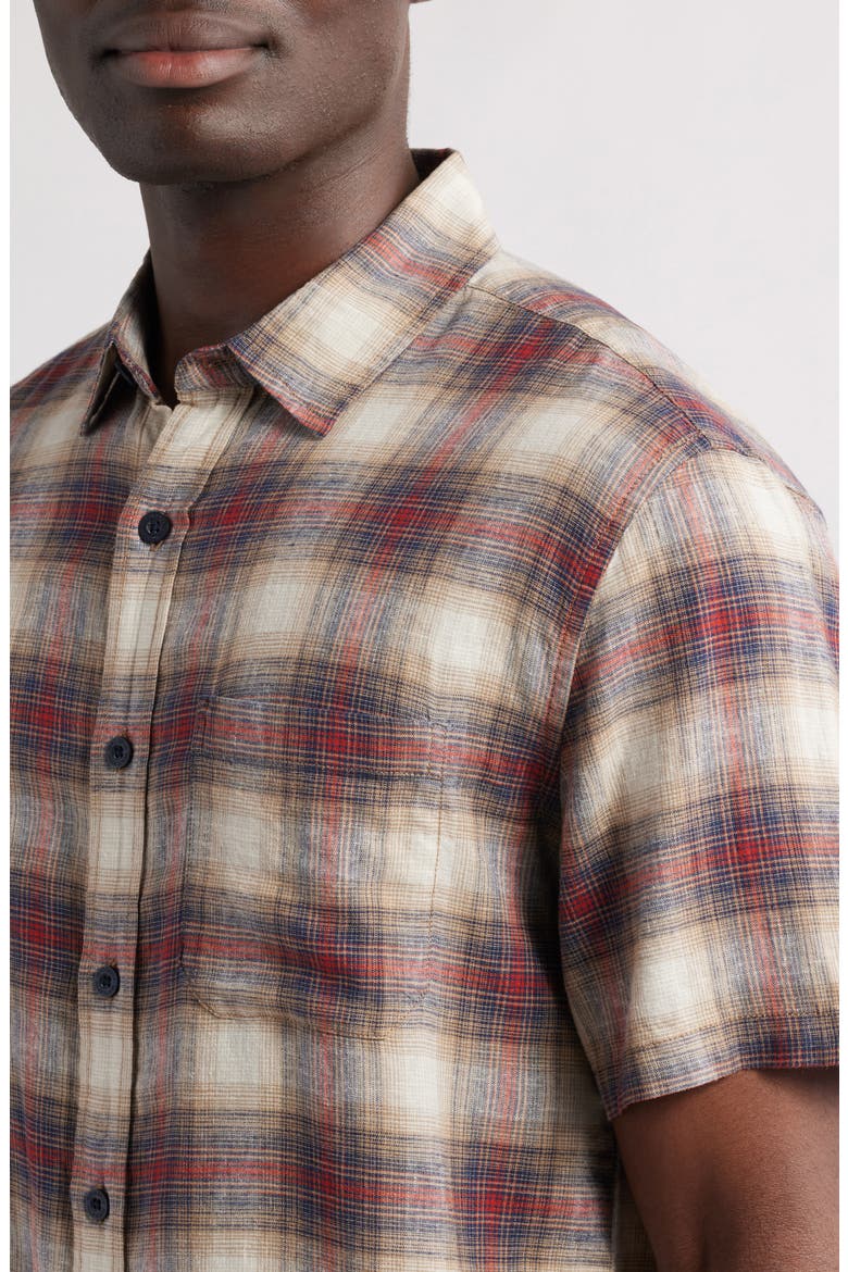 Dawson Plaid Short Sleeve Linen Blend Button-Up Shirt, Alternate, color, TAN/ BRICK PLAID