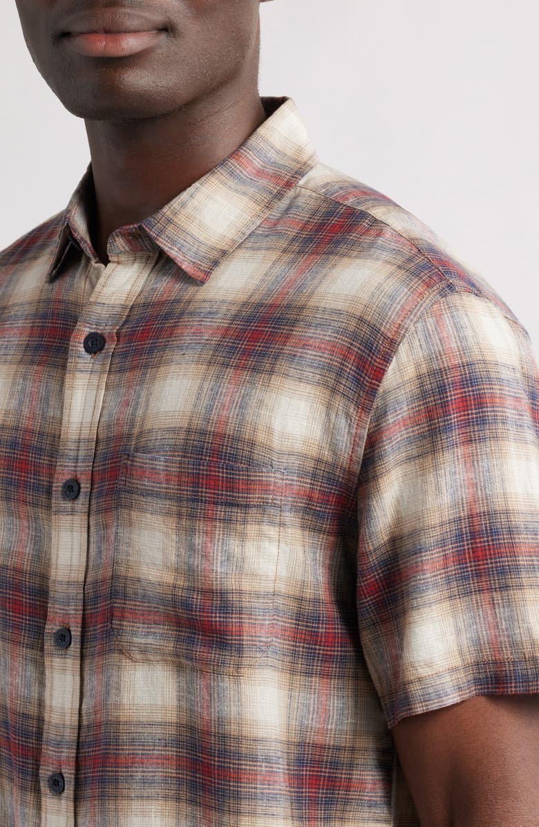Pendleton Dawson Plaid Short Sleeve Linen Blend Button-Up Shirt, Alternate, color, Tan/ Brick Plaid
