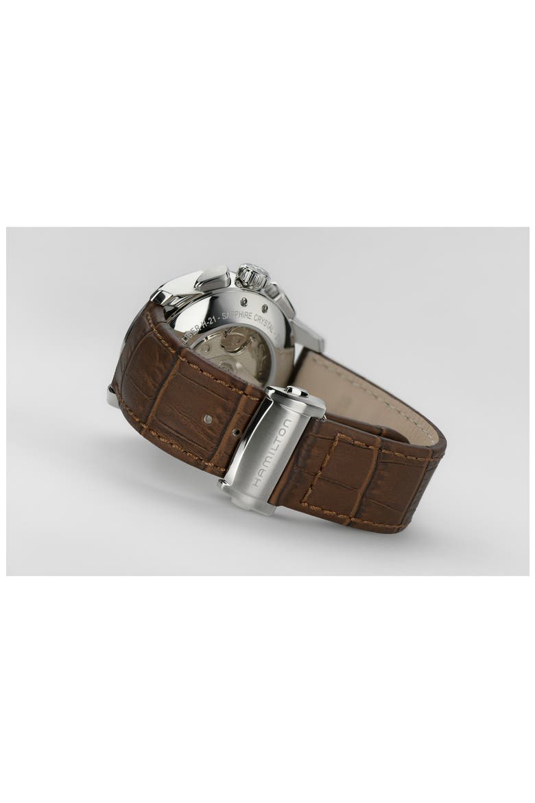 Jazzmaster Multifunction Automatic Leather Strap Watch, 42mm, Alternate, color, BROWN/ BLUE/ SILVER