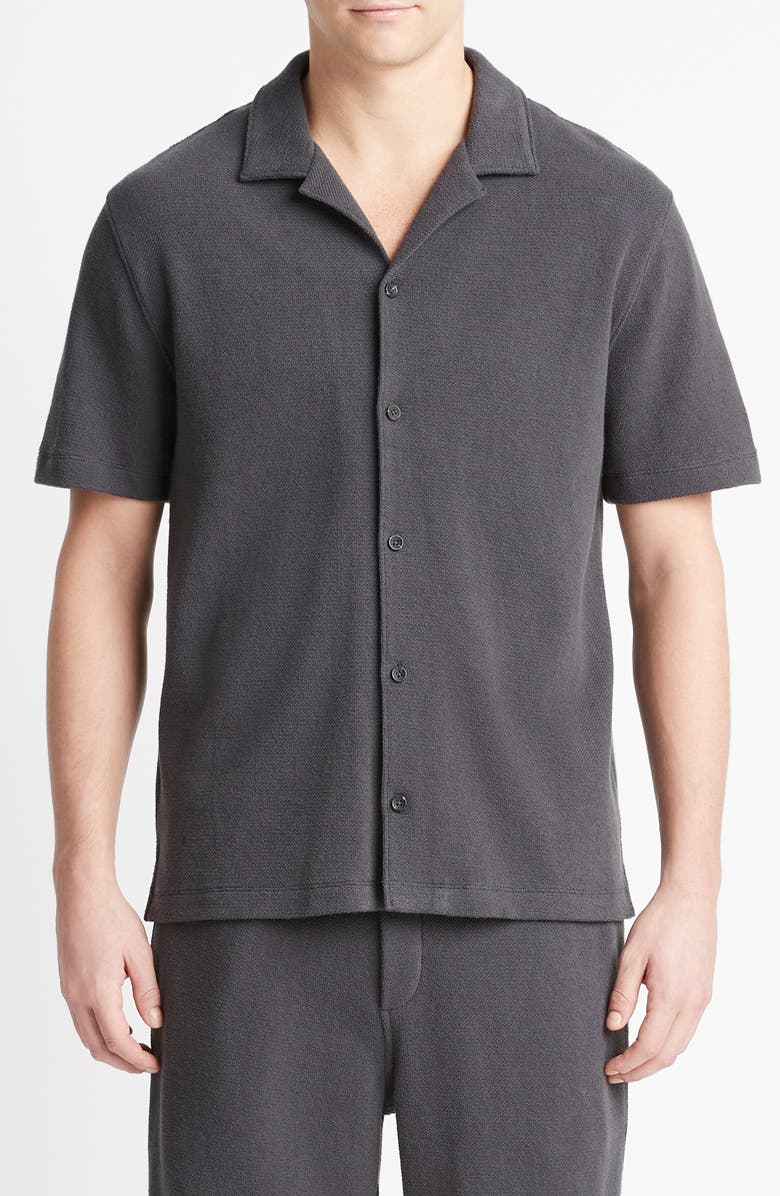 Vince Bouclé Knit Short Sleeve Camp Shirt, Main, color, Soft Black