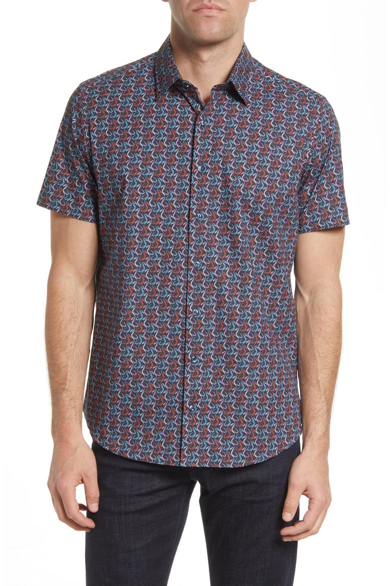 Floral Short Sleeve Stretch Button-Up Shirt, Main, color, NAVY