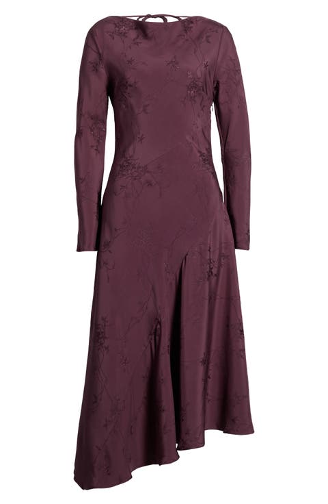 Floral Jacquard Open Back Asymmetric Hem Midi Dress