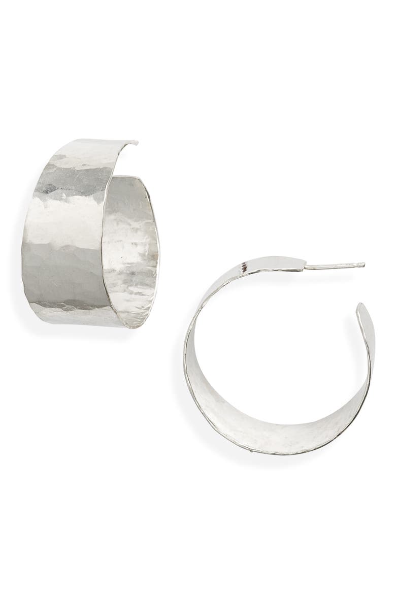Mood Medium Hammered Hoop Earrings, Main, color, STERLING SILVER