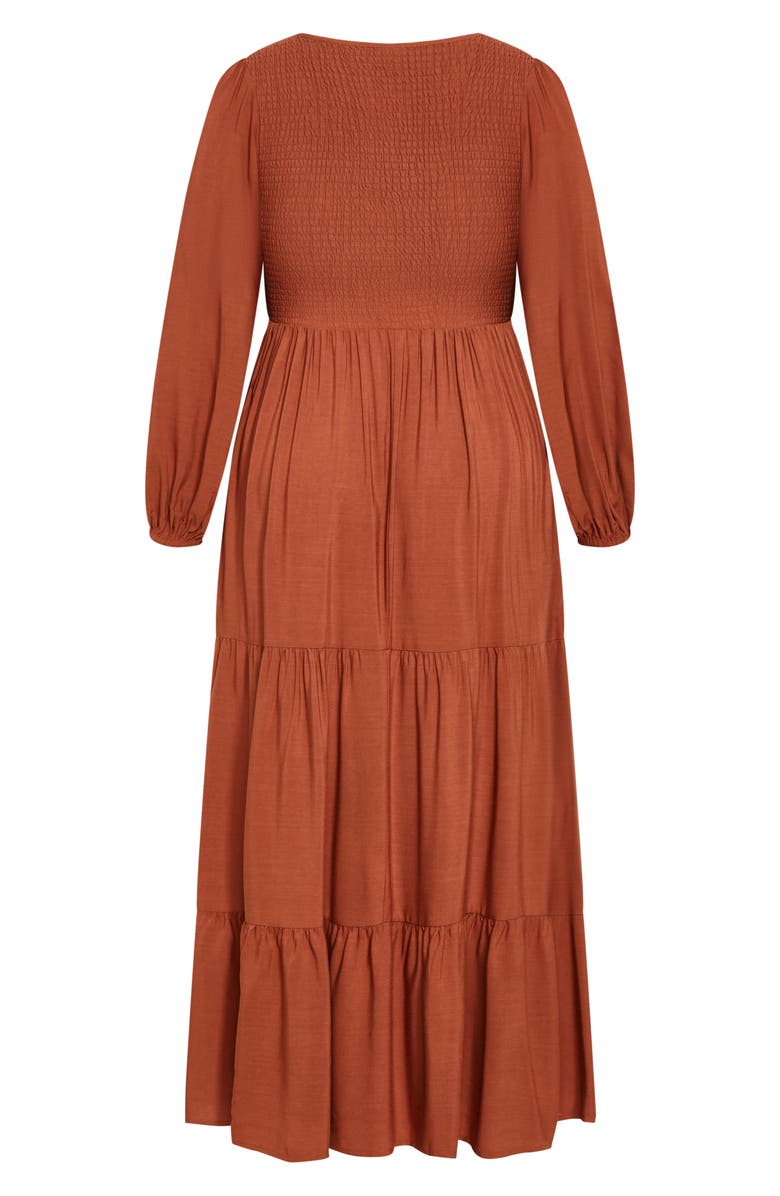 City Chic Jayden Smocked Bodice Long Sleeve Maxi Dress, Alternate, color, Masala