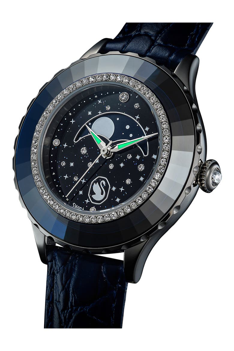 Octea Moon Leather Strap Watch, 37mm, Alternate, color, BLUE