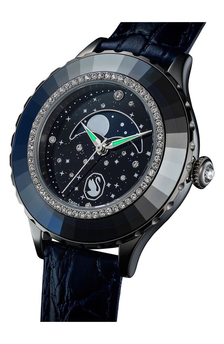 Swarovski Octea Moon Leather Strap Watch, 37mm, Alternate, color, Blue