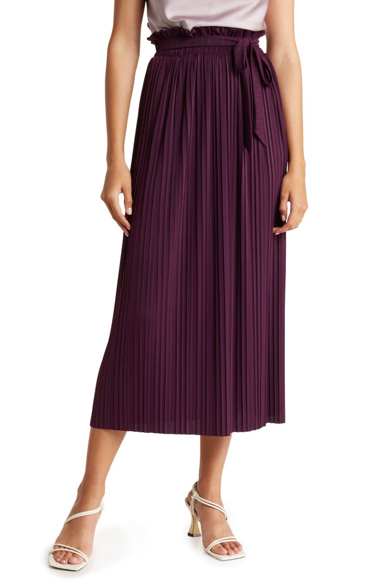 Tie Waist Pleated Paperbag Skirt, Main, color, EGGPLANT