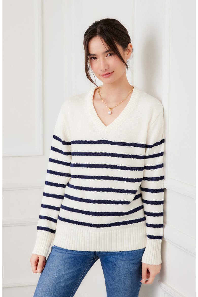 Stripe V-Neck Sweater, Alternate, color, WHITE/NAVY