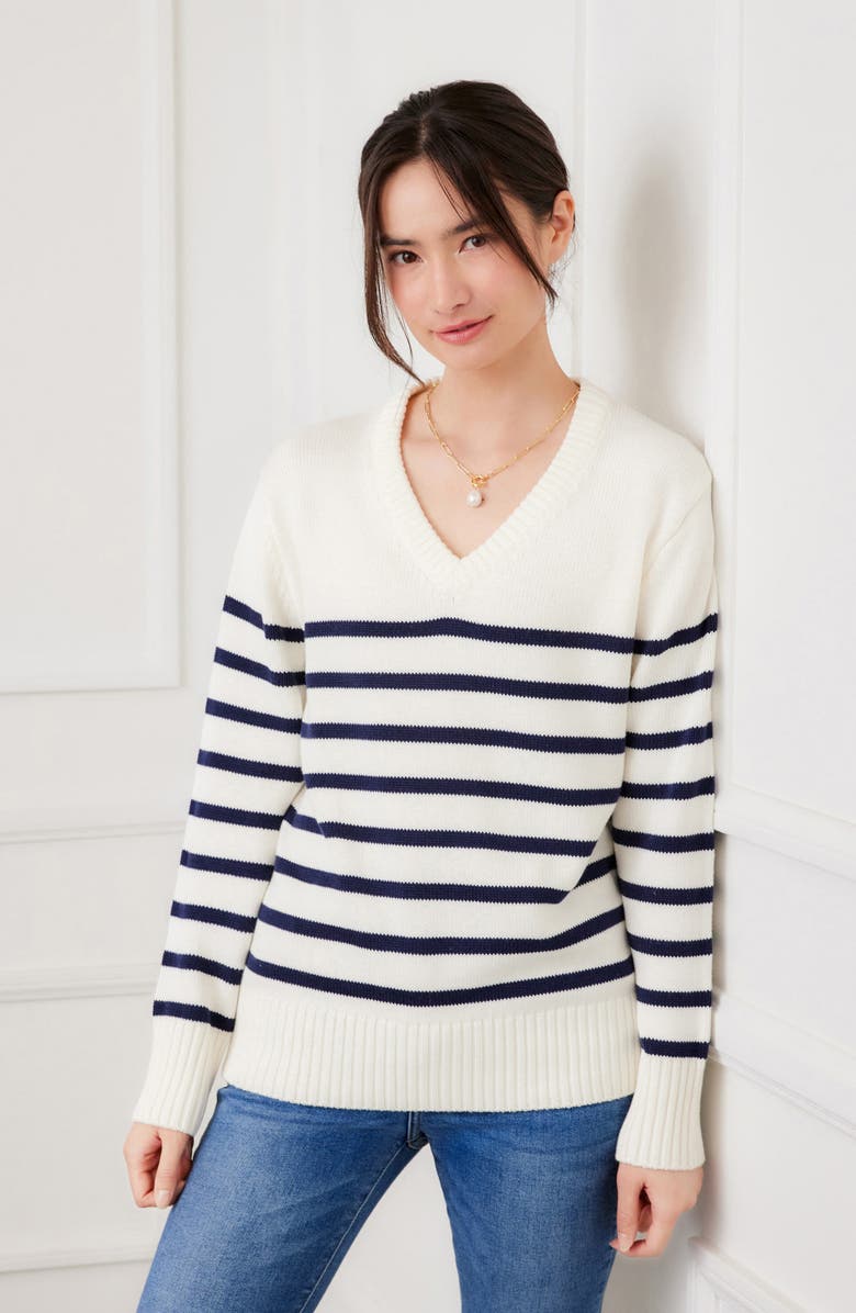 Karen Kane Stripe V-Neck Sweater, Alternate, color, White/Navy