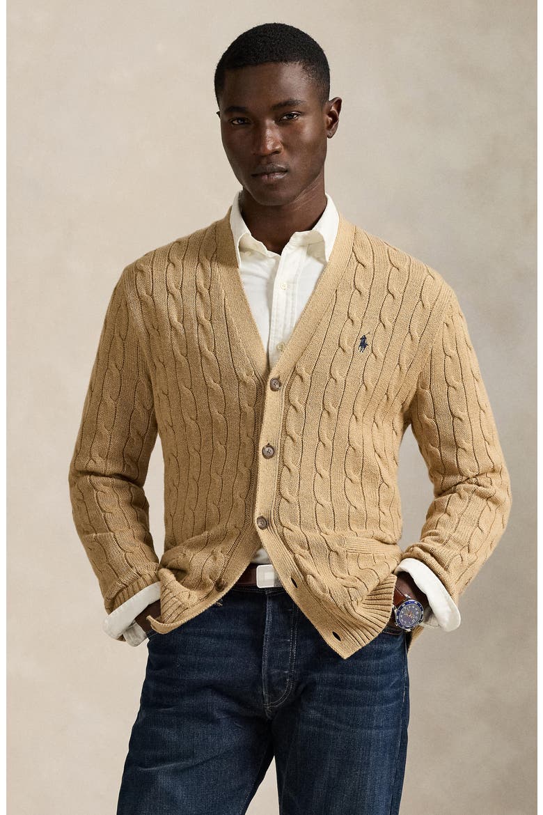 Cable Cotton Cardigan, Alternate, color, CAMEL MELANGE