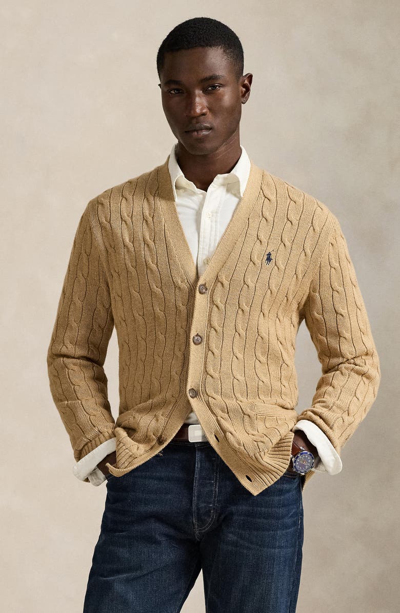 Polo Ralph Lauren Cable Cotton Cardigan, Alternate, color, Camel Melange