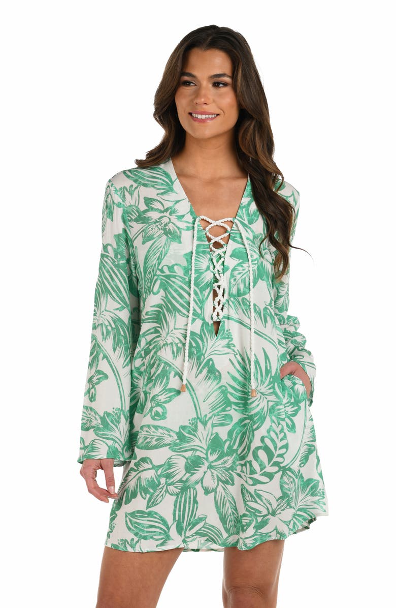 La Blanca Batiki V-Neck Cover-Up Tunic, Alternate, color, Eucalyptus