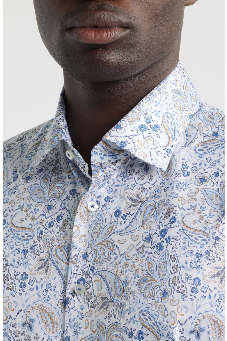Modern Fit Floral Paisley Non-Iron Cotton & Linen Dress Shirt, Alternate, color, BLUE