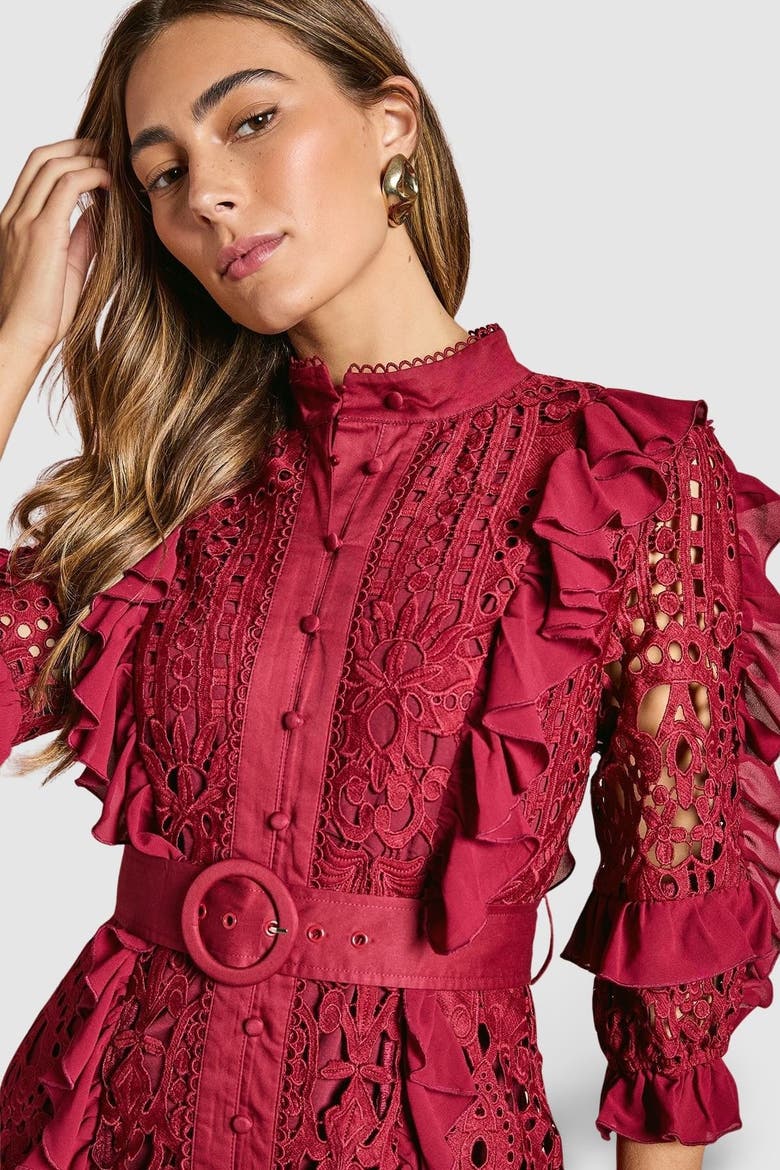 Lace Ruffle Shirt Dress, Alternate, color, Burgundy