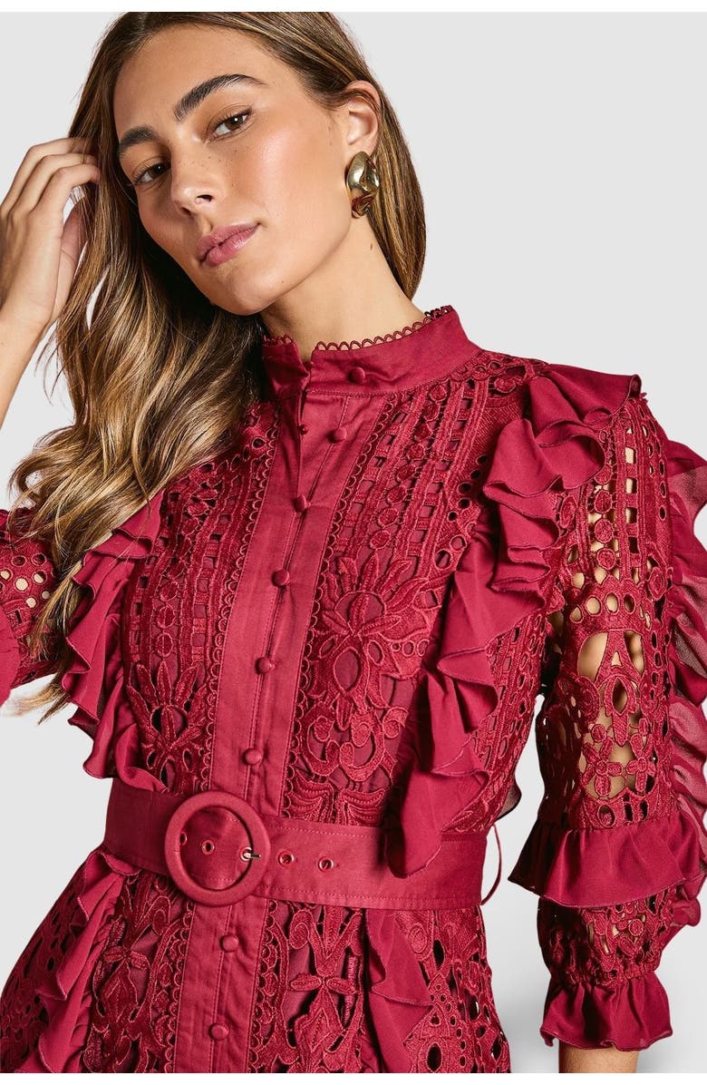Coast Lace Ruffle Shirt Dress, Alternate, color, Burgundy