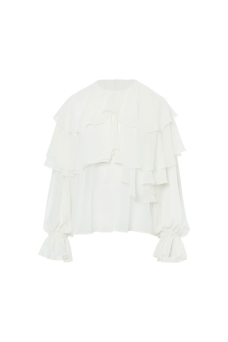 Ruffled Long-Sleeve Blouse with Elasticated Cuffs, Main, color, Beige
