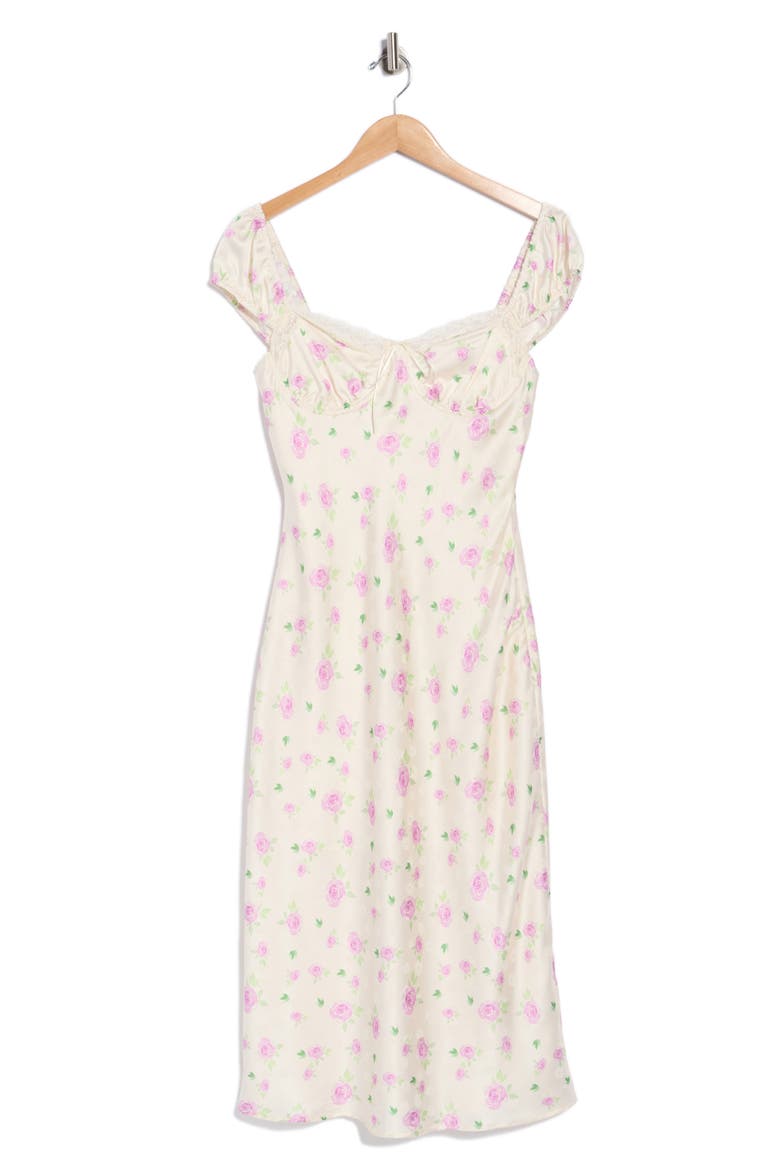Floral Cap Sleeve Satin Midi Dress, Alternate, color, CREAM LILAC