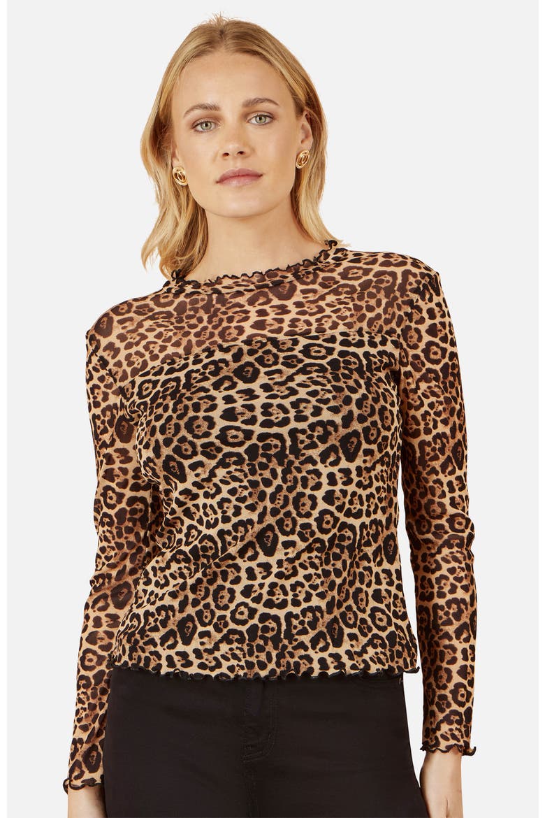 Leopard Print Mesh Stretch Fitted Top, Main, color, Brown