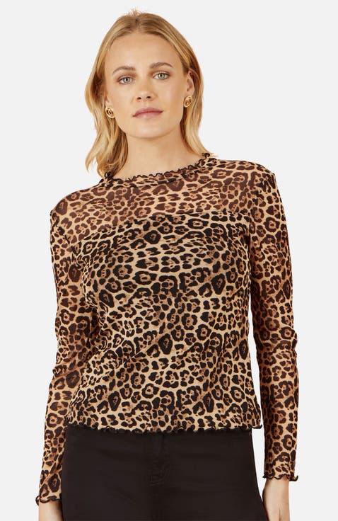 Leopard Print Mesh Stretch Fitted Top