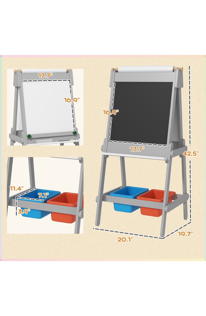 Qaba Kids Art Easel with Paper Roll, Double Sided Boards & Storage, Alternate, color, Gray