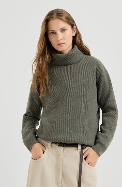 Cashmere English rib turtleneck sweater with monili