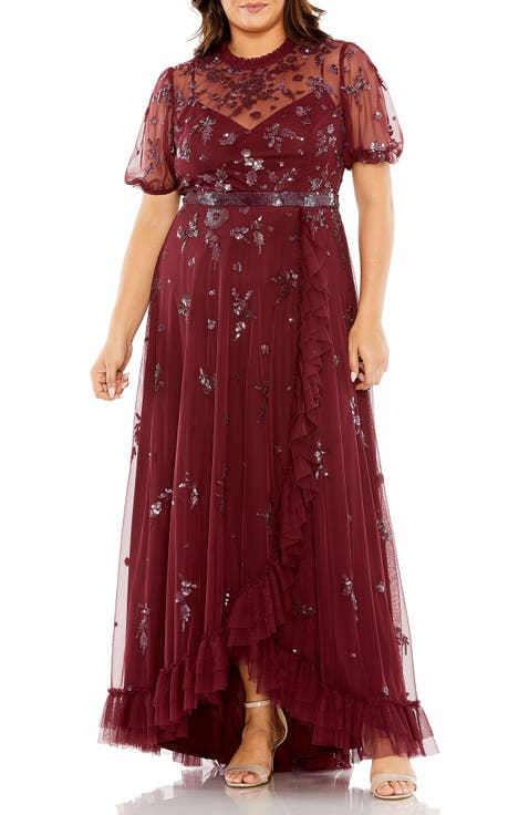 High Neck Puff Short Sleeve Embellished Faux Wrap